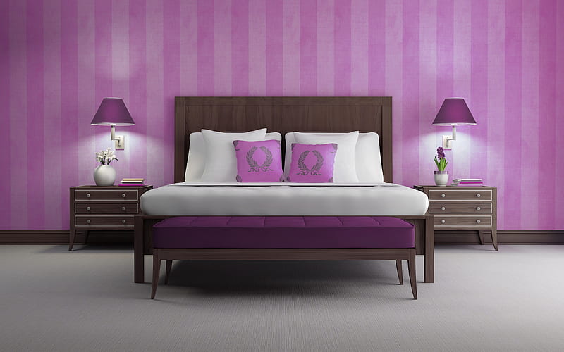 stylish bedroom design, project, classic style, pink bedroom, dark wooden furniture, stylish interior, bedroom, HD wallpaper