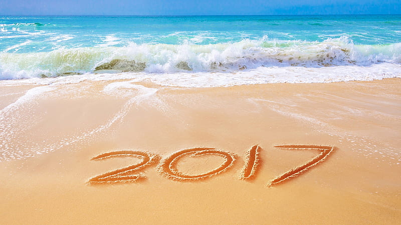 2017, beach, ocean, sand, New 2017 Year, HD wallpaper