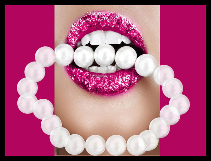 lips sealed with pearls, pearls, white, lips, woman, sexy, pink, lipstick, teeth, HD wallpaper