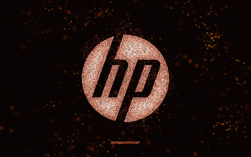 HP glitter logo, black background, HP logo, orange glitter art, HP, creative art, HP orange glitter logo, Hewlett-Packard logo, HD wallpaper