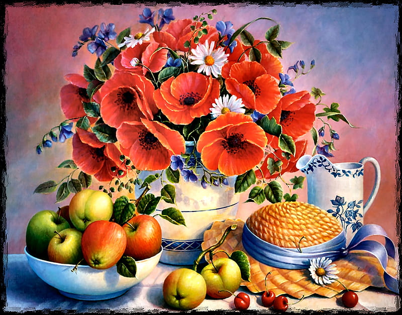 Try to Remember - Flowers C, art, bonito, illustration, artwork, floral, hat, fruit, still life, sun hat, painting, wide screen, flowers, HD wallpaper