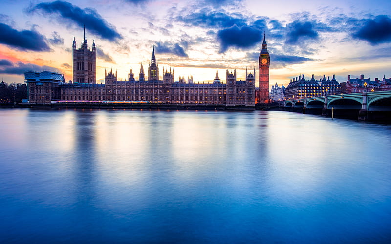 Westminster Palace, darkness, Big Ben, River Thames, England, UK, HD wallpaper