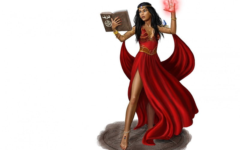 Hechicera, bruja, rojo, fantasía, vestido, libro, mágico, blanco, Fondo de  pantalla HD | Peakpx