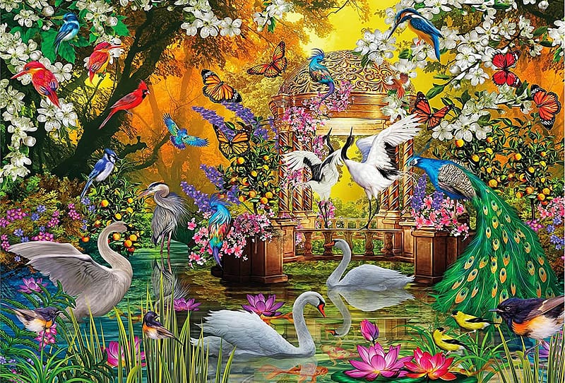 Garden of Paradise, butterflies, swans, birds, painting, gazebo, peacock, flowers, HD wallpaper