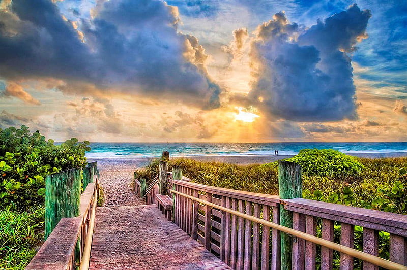 Morning Romance, sky, wooden path, sun, sunrise, clouds, sea, HD wallpaper