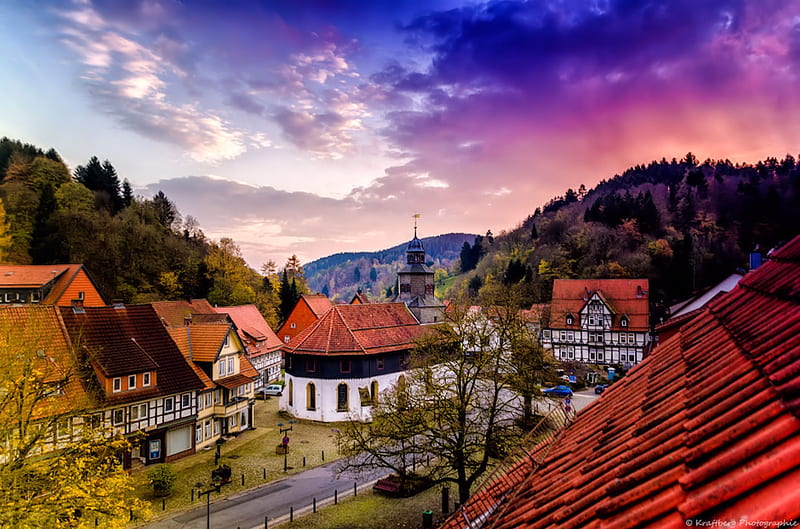 Bad Grund, Harz Mountains, Germany, house, village, sunset, clouds, sky, church, HD wallpaper