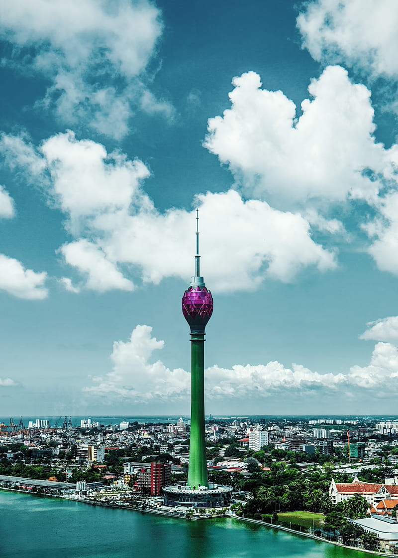 Green and Pink Tower Under Blue Sky and White Clouds, HD phone wallpaper