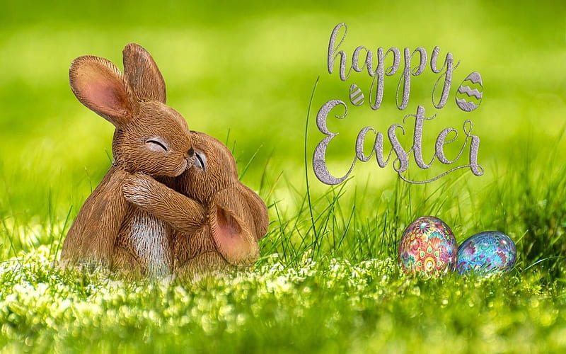 Easter Hugs, Happy Easter, bunnies, hugs, grass, eggs, flowers, HD wallpaper