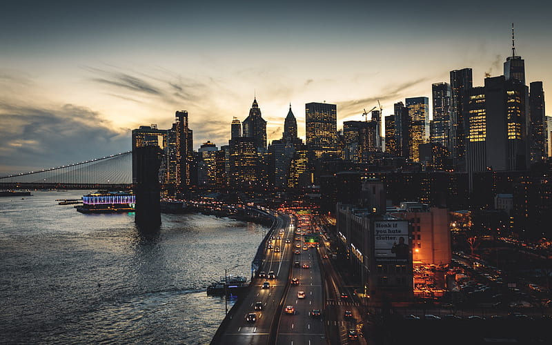 New York, Brooklyn Bridge, Manhattan, evening, sunset, modern buildings, skyscrapers, One World Trade Center, One WTC, dom Tower, New York City, skyline, USANY, HD wallpaper