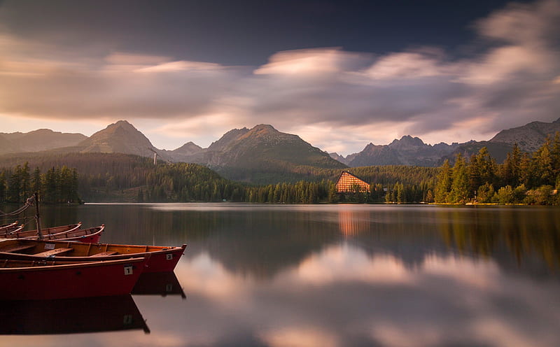 Peaceful Place, house, cottage, woods, cabin, bonito, clouds, boats, boat, splendor, beauty, reflection, forest, lovely, strbske pleso, view, houses, pier, tatra national park, sky, trees, lake, tree, water, slovakia, mountains, peaceful, nature, landscape, HD wallpaper