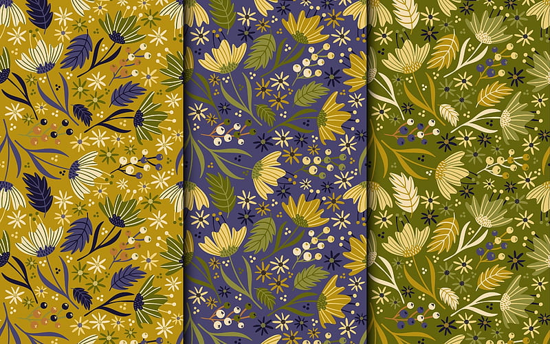 Floral Patterns, patterns, vector, green, yellow, flowers, abstract, blue, HD wallpaper