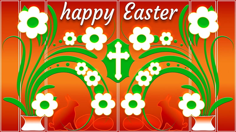 Happy Easter, holiday, Easter, vases, eggs, rabbits, flowers, Spring, bunnies, cross, HD wallpaper