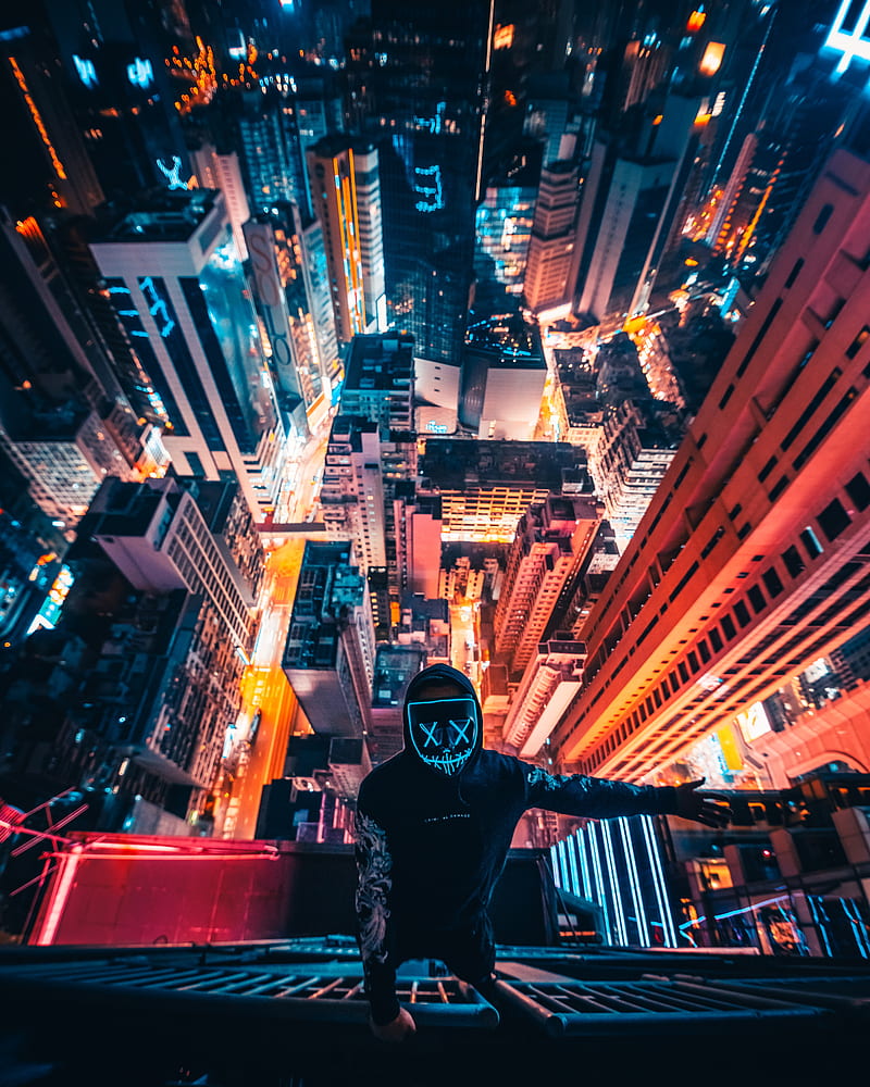 Simon Zhu, mask, Hong Kong, night, cityscape, rooftops, neon, urbex, architecture, Asia, China, HD phone wallpaper