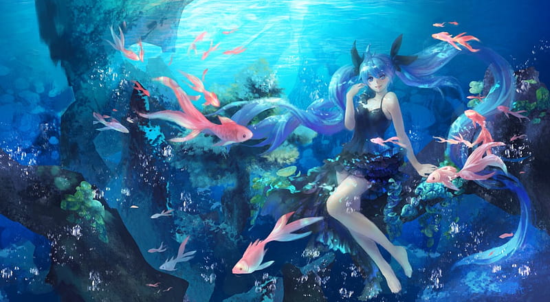 Deep Sea, pretty, wet, reef, fish, sweet, nice, anime, bubbles, coral reef, beauty, anime girl, vocaloids, long hair, underwater, lovely, twintail, miku, coral, coralreef, water, hatsune, float, dress, hatsune miku, bonito, sea, goldfish, twin tail, vocaloid, female, twintails, twin tails, girl, blue hair, miku hatsune, aqua hair, sundress, HD wallpaper