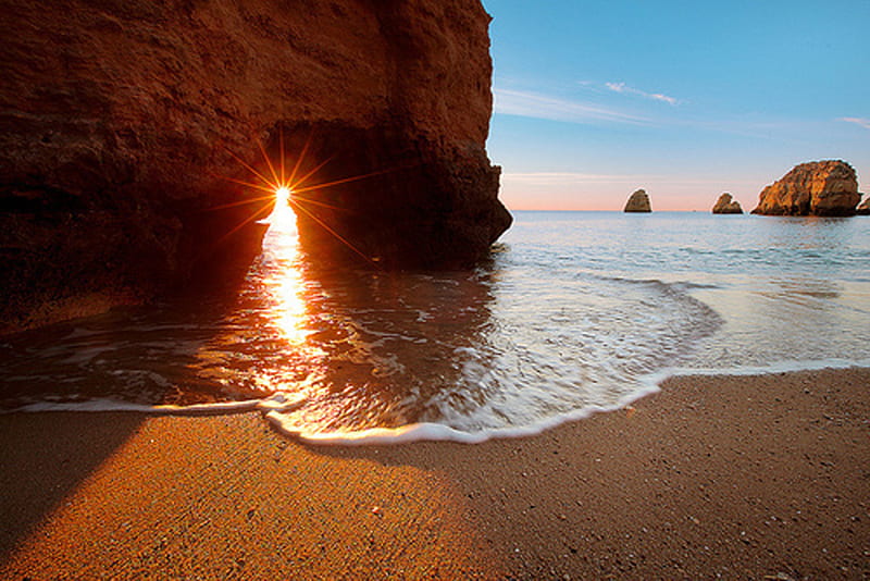 Sunset Gap, gap, beach, rocks, sand, water, ocean, sea, HD wallpaper