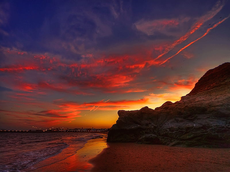 Sunset, red, colorful, bonito, clouds, sea, lights, beach, sand ...