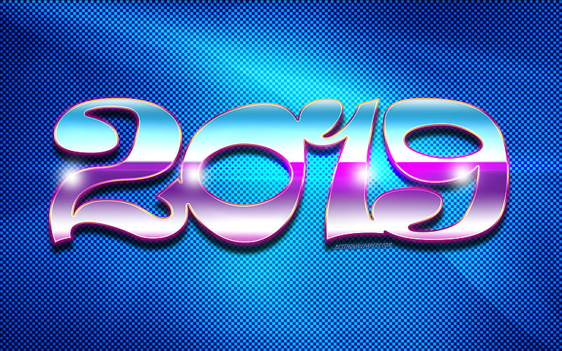 2019 year, purple digits, blue background, creative, 2019 concepts, abstract art, Happy New Year 2019, HD wallpaper