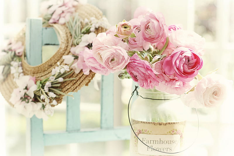 farmhouse flowers, glass, still life, chear, flowers, hat, HD wallpaper