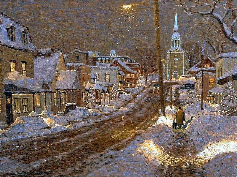Richard Savoie - Nokturne, richard savoie, art, snow, painting, church, winter, HD wallpaper