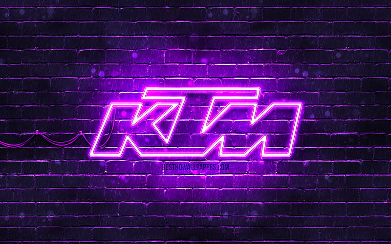 KTM violet logo violet brickwall, KTM logo, motorcycles brands, KTM neon logo, KTM, HD wallpaper