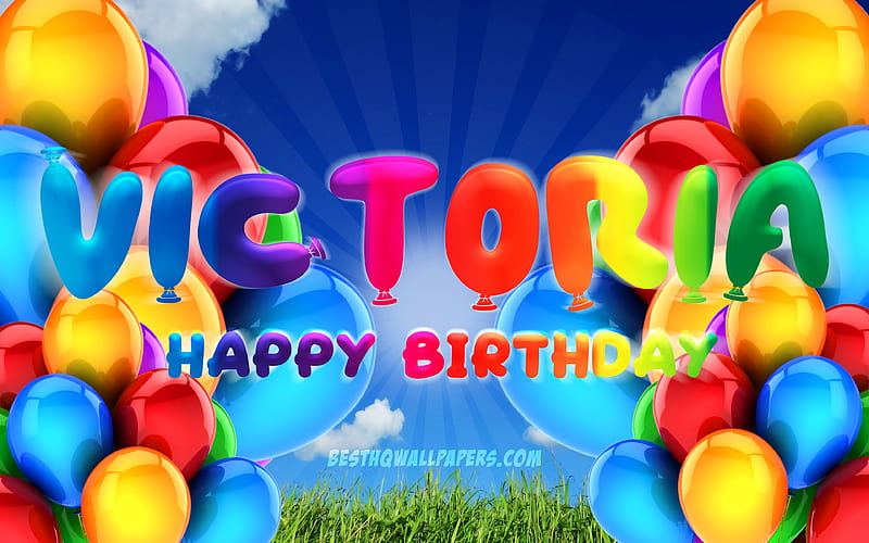 Victoria Happy Birtay cloudy sky background, popular german female names, Birtay Party, colorful ballons, Victoria name, Happy Birtay Victoria, Birtay concept, Victoria Birtay, Victoria, HD wallpaper