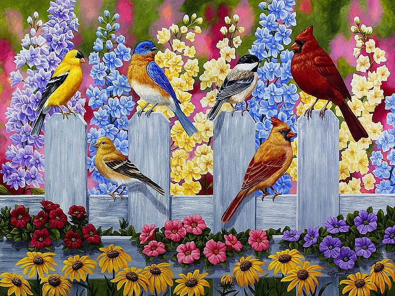 Spring Garden Party, fence, cardinals, finches, painting, birds, flowers, blossoms, bluebird, HD wallpaper