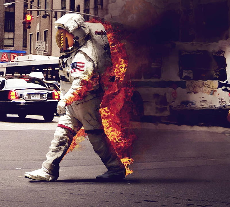 astronaut, city, fire, flames, smoke, space, spacesuit, walking, HD wallpaper