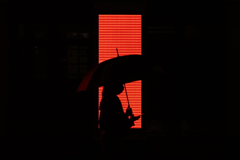 man, umbrella, silhouette, red, dark, HD wallpaper