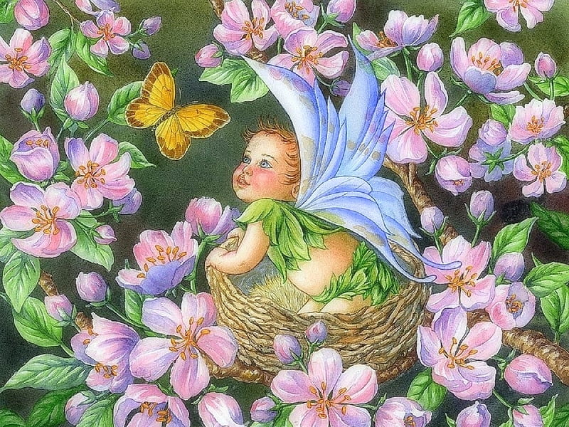 -Dogwood Baby Fairy in Nest-, love four seasons, spring, butterflies, baby, fantasy, paintings, flowers, fairies, butterfly designs, HD wallpaper