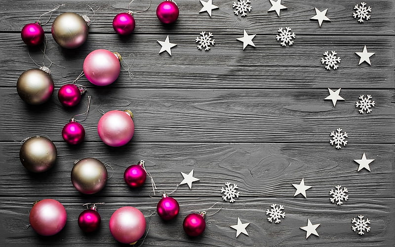 Purple Christmas balls, New Year, gray wooden background, wooden stars, Christmas, frame, gray boards, HD wallpaper