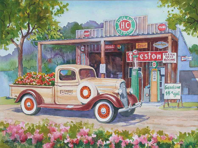 Old Gas Station, variety, station, flowers, truck, gas, HD wallpaper