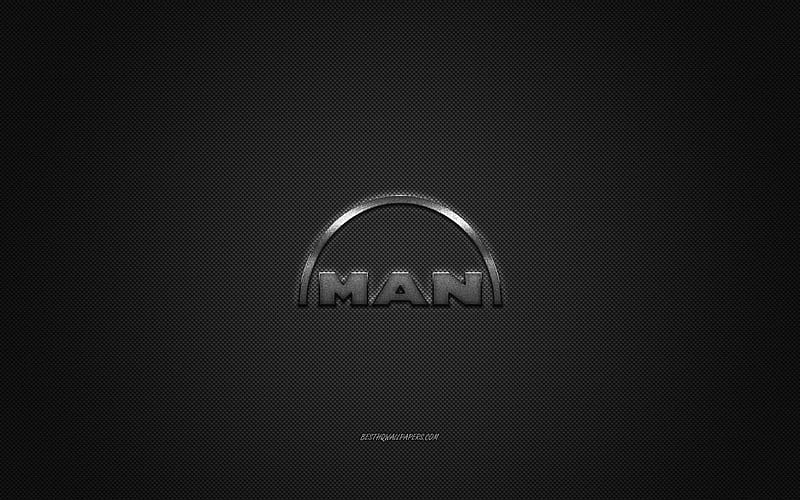 MAN logo, silver logo, gray carbon fiber background, MAN metal emblem, MAN, cars brands, creative art, HD wallpaper