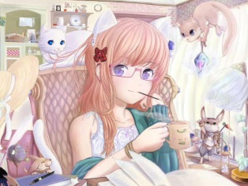 anime lady, squirrel, ribbon, glasses, manga, book, hat, girl, anime, eyelets, bunny, cats, animals, HD wallpaper