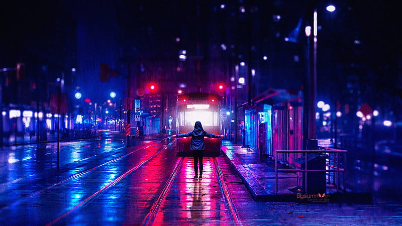 neon city, tram, night, urban, raining, hoodie, City, HD wallpaper