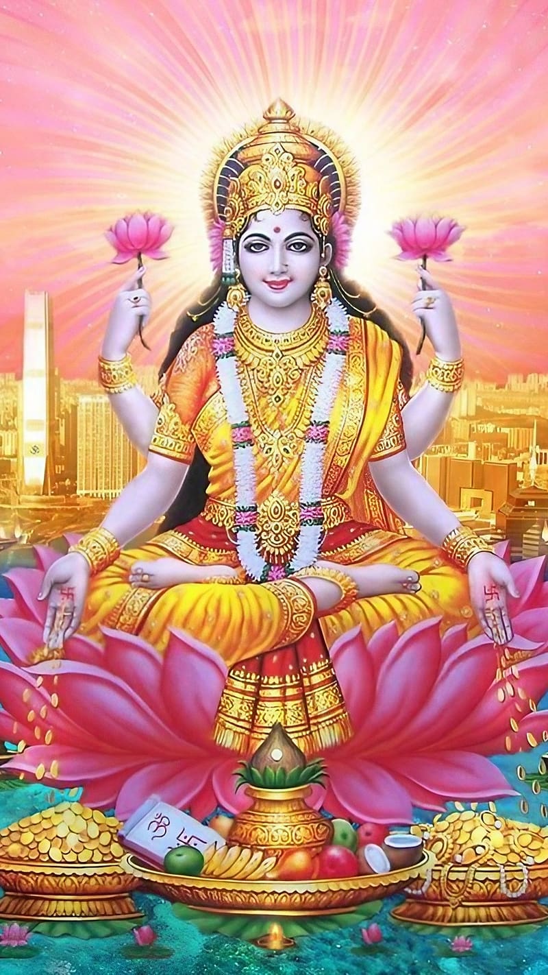 Maa Laxmi Sitting On Lotus, maa laxmi , goddess of wealth, lakshmi maa, maa laxmi sitting on lotus, HD phone wallpaper