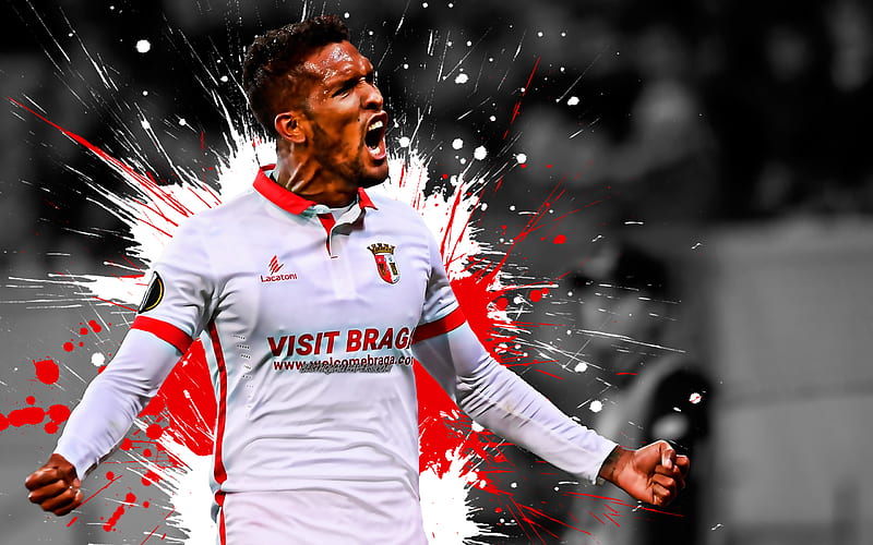 Dyego Sousa Brazilian football player, SC Braga, striker, red white paint splashes, creative art, Portugal, football, grunge, Braga, HD wallpaper