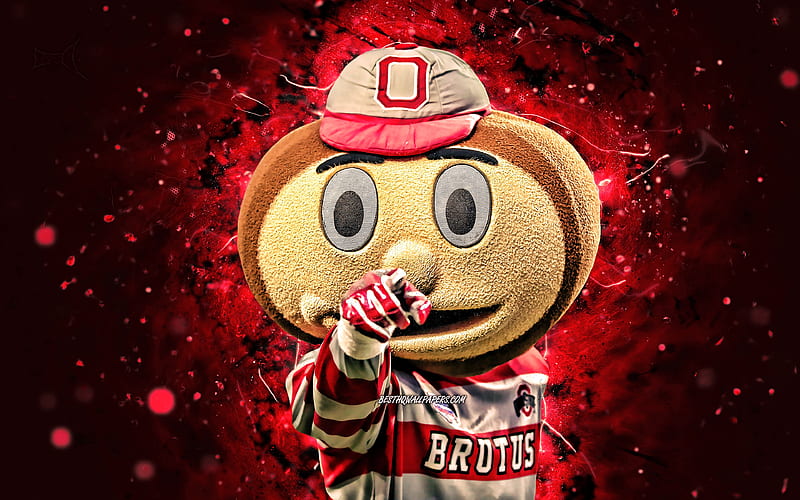 Brutus Buckeye mascot, Ohio State Buckeyes, red neon lights, NCAA, creative, USA, Ohio State Buckeyes mascot, NCAA mascots, official mascot, Brutus Buckeye mascot, HD wallpaper