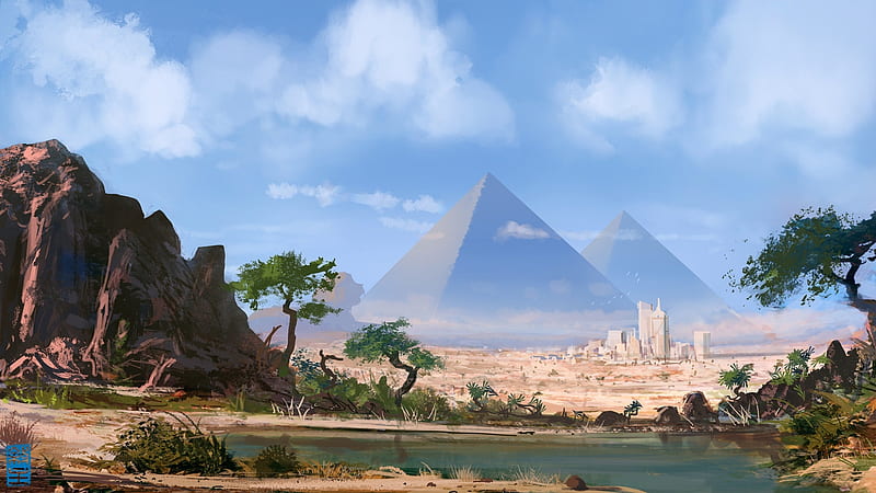fantasy pyramid, desert, clouds, artwork, Fantasy, HD wallpaper