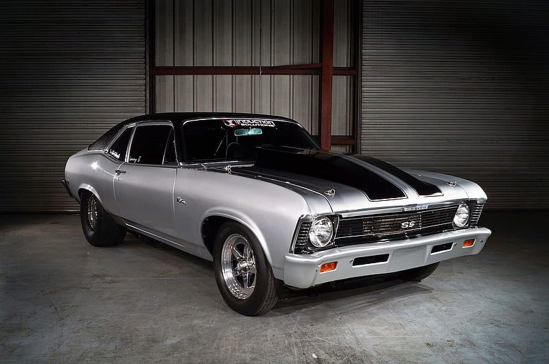 1969-Chevrolet-Nova, Silver, Classic, Black Stripe, GM, HD wallpaper