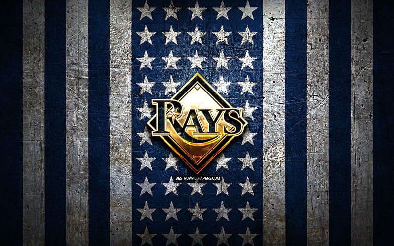 Tampa Bay Rays flag, MLB, blue white metal background, american baseball team, Tampa Bay Rays logo, USA, baseball, Tampa Bay Rays, golden logo, HD wallpaper
