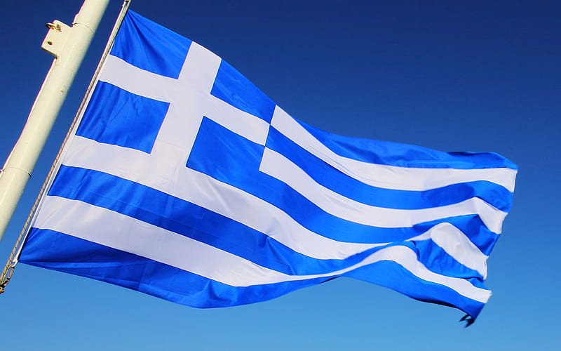 Flag of Greece, silk flag, Greece, Europe, flagpole, HD wallpaper