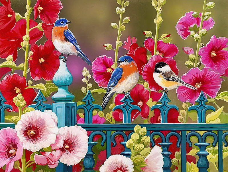 Iron fence with hollyhocks, pretty, colorful, art, fence, birds, bonito, spring, hollyhock, freshness, song, flowers, iron, HD wallpaper