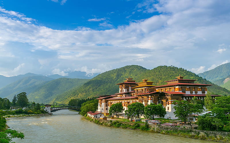 Punakha Dzong, fortress, monastery, mountain landscape, Punakha, Bhutan, Asia, Pungtang Dewa chhenbi Phodrang, HD wallpaper
