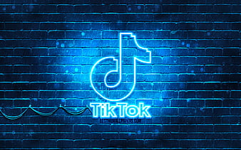 TikTok blue logo blue brickwall, TikTok logo, social networks, TikTok neon logo, TikTok, HD wallpaper