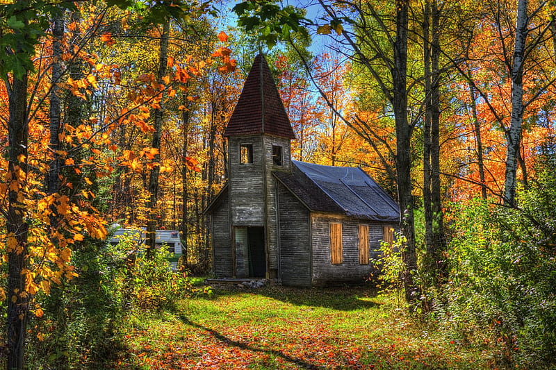 Old Church in Autumn Forest, Fall, Churches, Architecture, Forests, Autumn, Nature, HD wallpaper