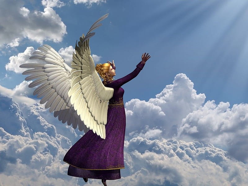 an angel going up to heaven, dress, angel, bonito, maroon, skyblue, HD wallpaper