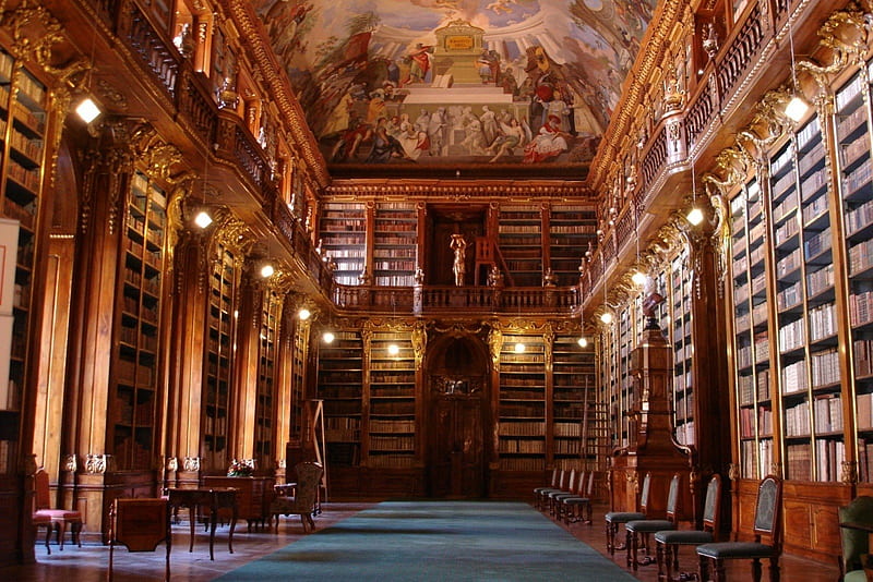 Famous Library in Prague, bookshelf, room, books, wallpainting, HD wallpaper