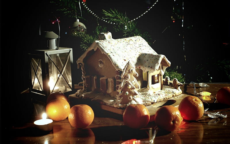 Gingerbread house, house, lantern, orange, christmas, food, sweet, dessert, fruit, tree, green, gingerbread, fir, white, light, HD wallpaper