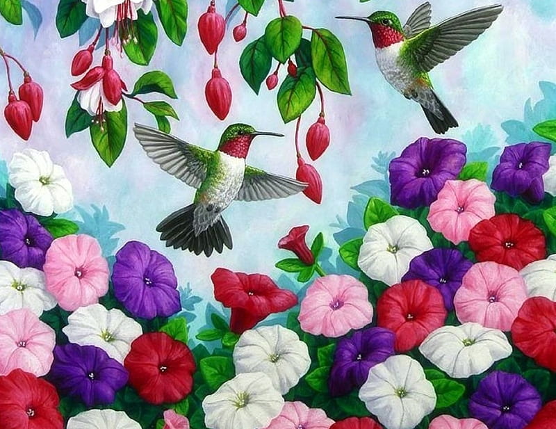 Hummingbirds Heaven, hummingbirds, love four seasons, birds, spring, cute, paintings, flowers, garden, lovely flowers, animals, HD wallpaper