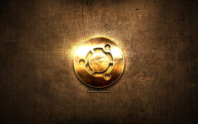 Ubuntu golden logo, artwork, OS, brown metal background, creative, Ubuntu logo, brands, Ubuntu, HD wallpaper